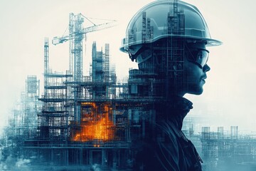 Man in hard hat observing construction site and building progress with focused expression