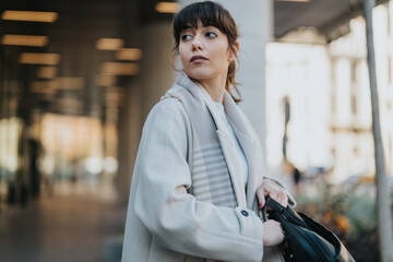 Fototapeta premium A stylishly dressed young woman stands outdoors, exuding confidence and thoughtfulness in an urban setting. The soft light emphasizes the details of her fashionable outfit.