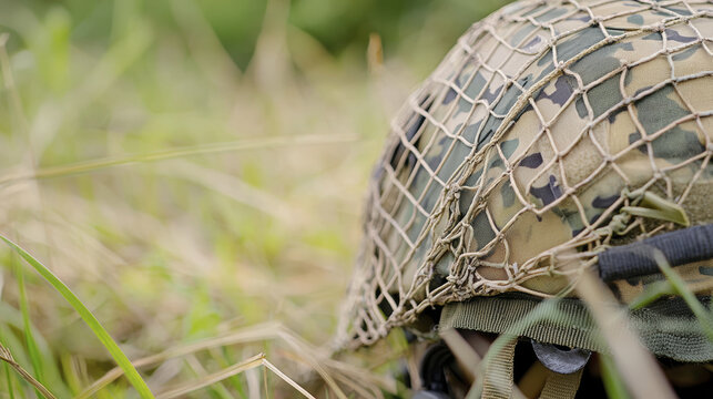 close up photo of military helmet resting in tall grass, showcasing camouflage patterns and netting