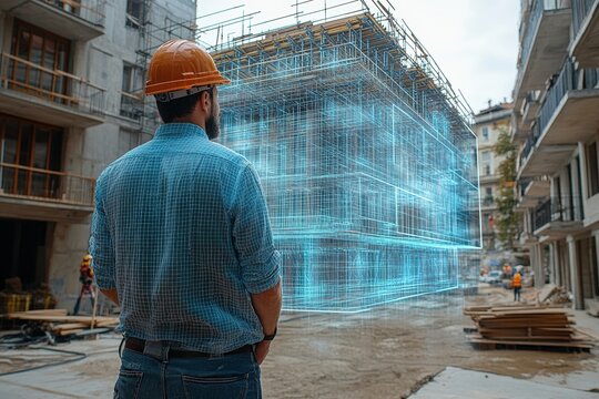 Man in hard hat observing construction site of building with ongoing work and equipment