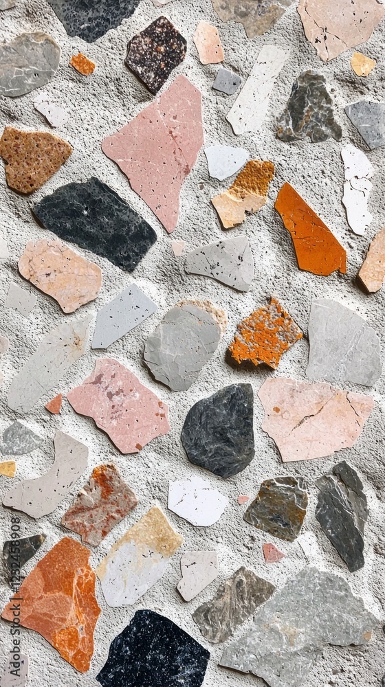 Poster This modern terrazzo features an array of soft hues, where fragments of stone harmoniously blend to create a tactile and striking surface that enhances any space. Ideal for innovative interiors