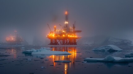 Obraz premium Oil rigs stand tall and illuminated in the murky fog, reflecting lights on the icy water, highlighting the challenging conditions of energy extraction in remote, frozen regions.
