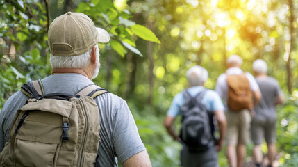 Fototapeta premium Exploring nature, group of seniors enjoys hike in lush forest