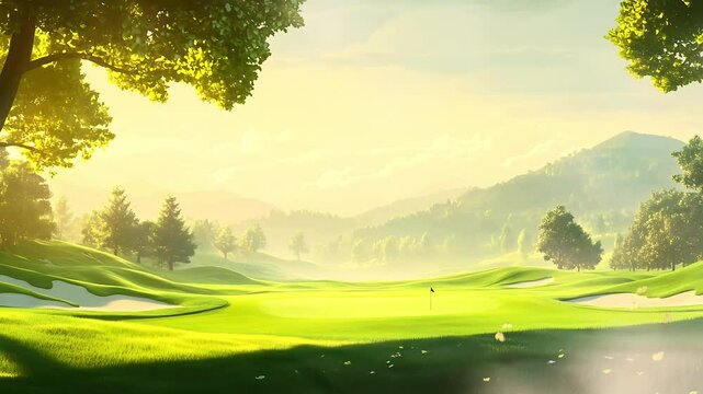 Bright sunlit golf course surrounded by rolling green hills and trees in a peaceful landscape. Seamless looping time-lapse animation video background.  
