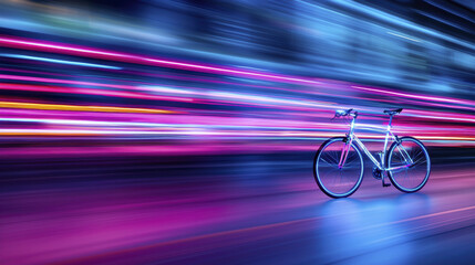 Fototapeta premium vibrant bicycle stands still against backdrop of colorful light trails, creating dynamic and energetic atmosphere