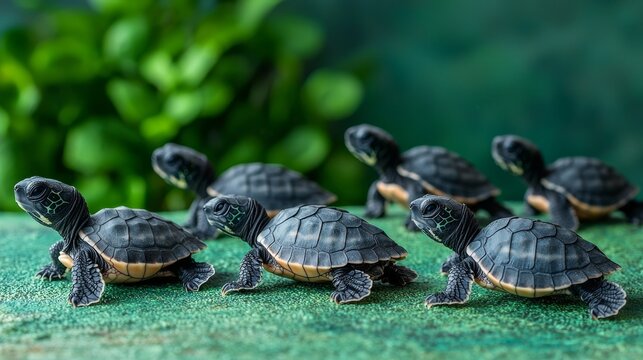 Small turtles appear repeatedly on a light green background