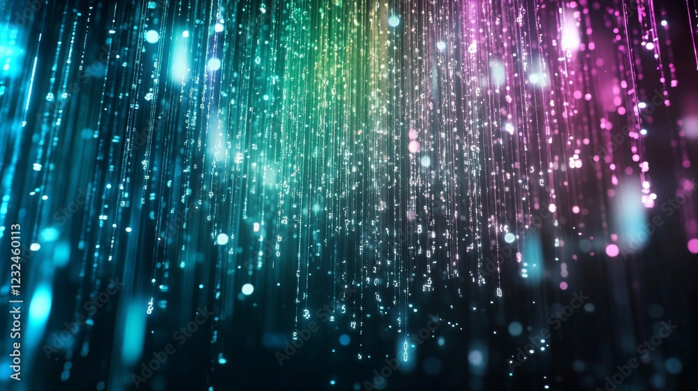 Poster colorful particles falling through dark background in mesmerizing visual display