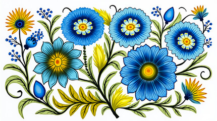 Naklejka premium A colorful arrangement of blue flowers and yellow accents showcases intricate details and patterns.