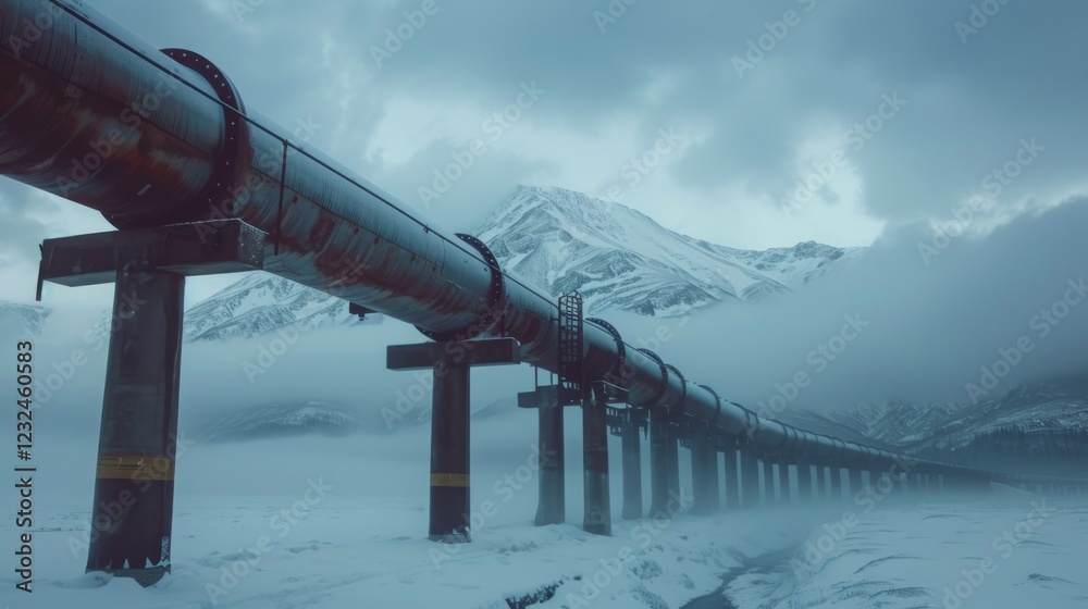 Aufkleber a massive pipeline extends through a snowy landscape, framed by towering, mist covered mountains dur