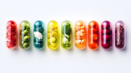 A row of colorful multivitamin capsules filled with fruits and vegetables

