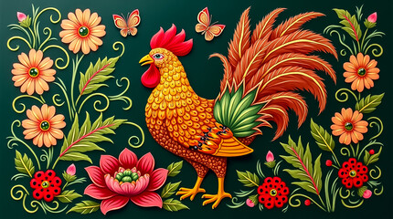 A brightly colored rooster stands proud amidst intricate flowers and butterflies, capturing the essence of vibrant artistry. The design celebrates nature and traditional motifs.