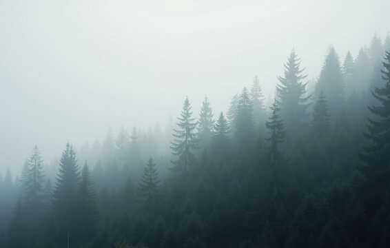A serene misty forest landscape with dense fog covering the towering pine trees