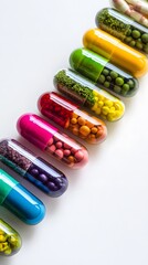 A row of colorful multivitamin capsules filled with fruits and vegetables

