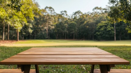 Fototapeta premium Forest retreats offer travel wellness getaways for ultimate relaxation. Wooden table in a serene outdoor forest setting.