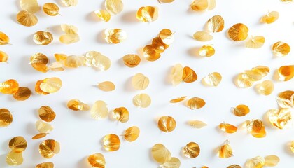 Elegant golden confetti levitating across a white background, perfect for a party, festive, or holiday celebration. 
