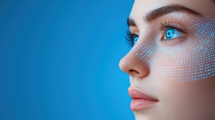 Fototapeta premium Futuristic Woman Portrait with Digital Effects on Bright Blue Background