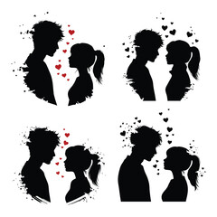Silhouette of Couple in Love with Floating Hearts Valentine's Day Decorations