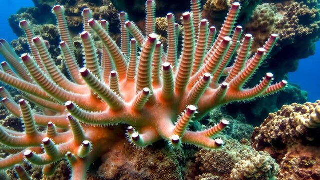 A large orange flower with white spots. It is a coral. The coral is in the ocean