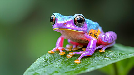 Obraz premium Vibrant frog on leaf, rainforest backdrop, nature photography
