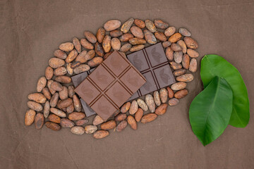 Cocoa fruit is made from chocolate bars and cocoa beans. Chocolate color tissue paper background. Green leaves.