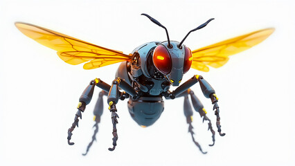 Fototapeta premium A detailed robotic bee with bright orange wings and glowing red eyes is depicted in mid-flight against a luminous white background, showcasing advanced technology and design.