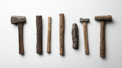 Handcrafted tools displayed on white background, showcasing various hammers and wooden handles