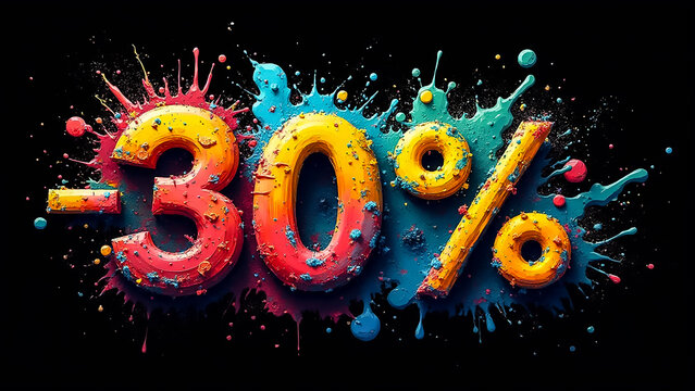 Bright splashes of color surround a large, bold text showing a thirty percent discount, conveying excitement and urgency for a special sale or promotion.