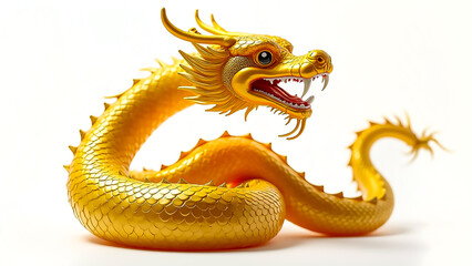 Fototapeta premium A striking golden dragon sculpture showcases intricate scales and sharp features, capturing attention with its vivid colors and dynamic expression. Perfect for art enthusiasts.