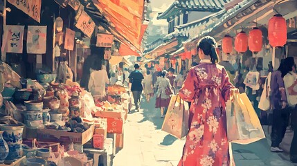 Fototapeta premium Woman shops traditional market, other people walk