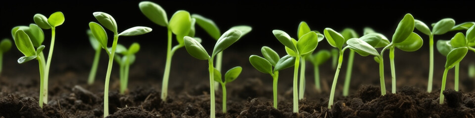 row of young seedlings sprouting dark background green leaves delicate details growth hope