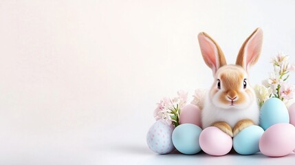 Obraz premium Charming Bunny with Pastel Eggs and Seasonal Flowers for Easter