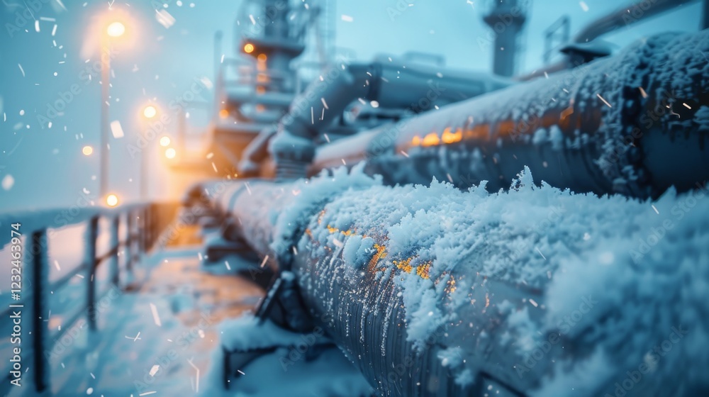Poster snow blankets the industrial pipes, creating a serene atmosphere. soft lights glow in the background