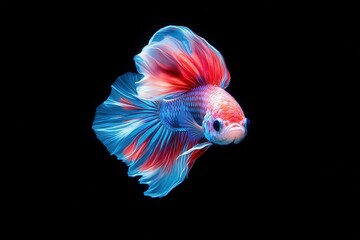 Fototapeta premium A close-up shot of a vibrant betta fish in bright red and blue, its flowing fins resembling delicate silk as it swims in clear water