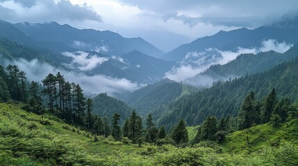 Fototapeta premium Tall trees line the slopes of a breathtaking mountain range where mist drifts lazily through the valleys. The fog creates a mystical ambiance, enhancing the beauty of this remote natural landscape