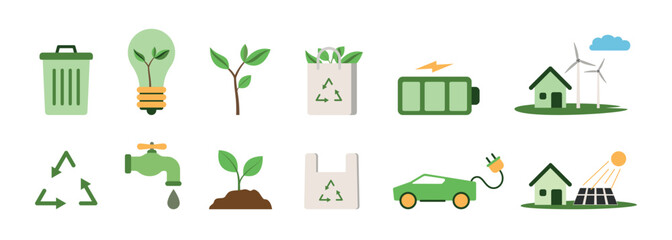 A set of icons on the theme of ecology: renewable energy, seedlings, recycling, electric car, solar energy.