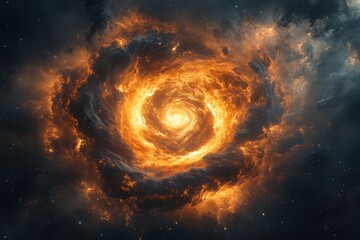 Obraz premium Celestial swirl of bright orange and gold with dark cosmic clouds in the night sky
