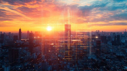 Fototapeta premium Sunrise Metropolis: A Digital Dawn
