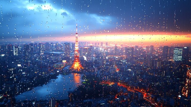 Raindescends slowly over the window, obfuscating the image of the cityscape