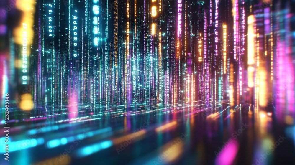 Poster dynamic neon data streams create a vibrant visual landscape in a digital environment