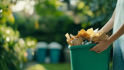 Woman carries a green recycling bin overflowing with paper waste, promoting responsible waste management and eco conscious practices in a residential setting