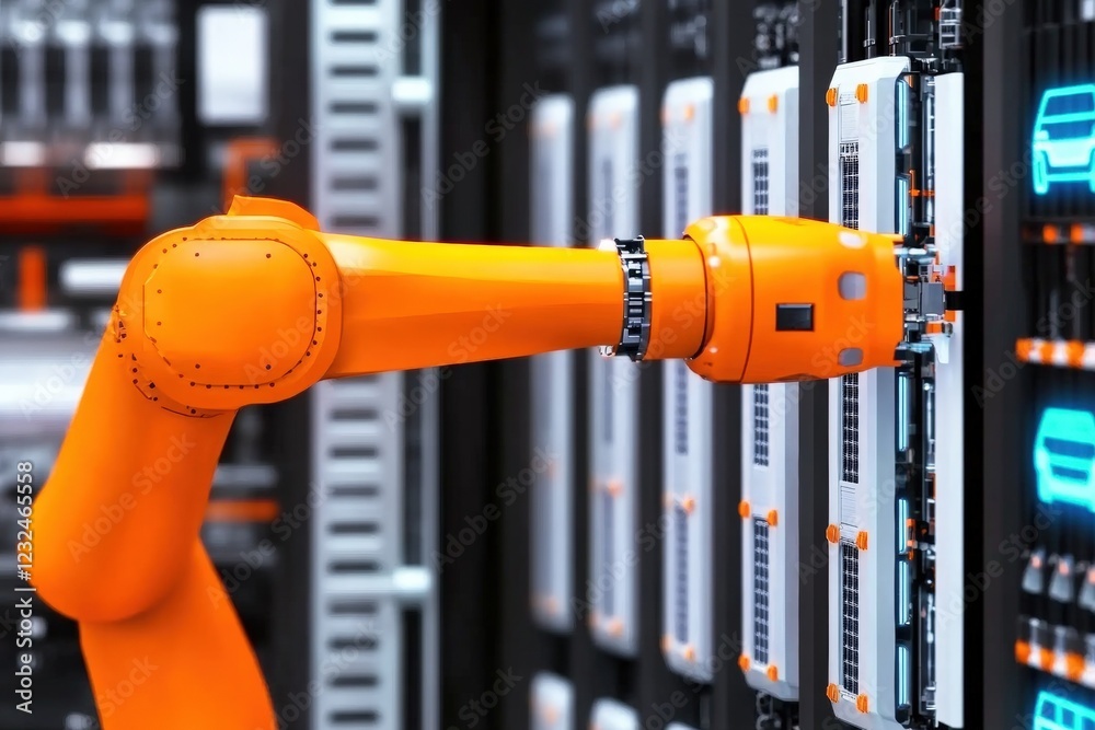 Poster robot standing in front of a server rack in a technology data center environment