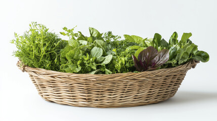 Naklejka premium Fresh herbs and greens in decorative woven basket, perfect for cooking