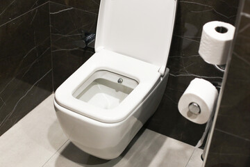 Hotel bathroom with a modern white toilet and toilet paper. Clean and minimalist restroom interior...