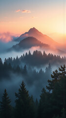 Obraz premium Sunrise over Fog-Shrouded Mountain and Forest Landscape