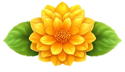 Vibrant yellow flower with green leaves on white background. Detailed illustration of a blooming flower with lush petals and foliage. Ideal for