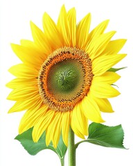 Fototapeta premium Close up of a vibrant yellow sunflower against a plain white background. The flower is in full bloom, showing its dark brown center and bright yellow