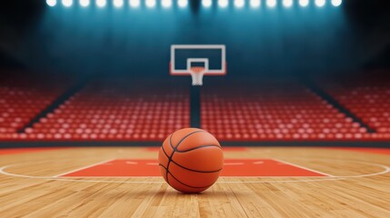 Basketball on Court with Empty Stands and Bright Arena Lights