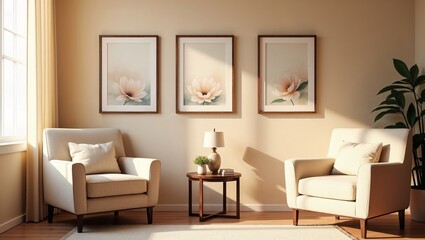 Serene therapy room with plush armchairs and soothing artwork illuminated by warm golden light
