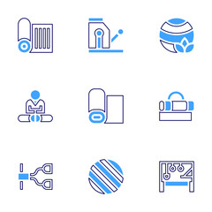 Pilates icon set. Bold line style. Duotone colors. Editable stroke. meditation, yoga mat, pilates chair, carpet, springboard, pilates ball, yoga ball, reformer