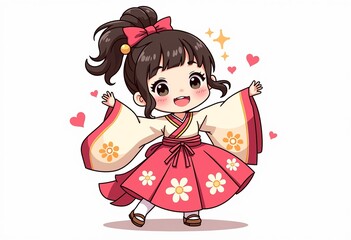 Simple Line Hanfu Girl Vector, Dancing, Chibi Anime Style, Happy Expression, Peach Blossom Skirt, Pink Gold, Flat Colors, White BG, Childlike Warmth, Cute Illustration.

